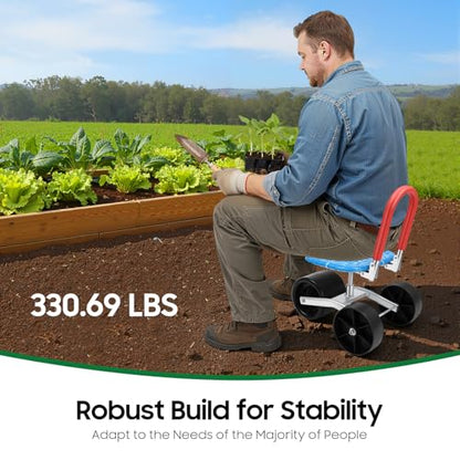 Rolling Garden Seat, 360° Swivel, Adjustable Height, 3 Wheels, Blue