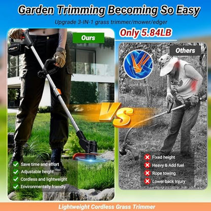 Weed Wacker Cordless, Electric Weed Eater & Lawn Edger - 21V Battery Powered Grass Trimmer 3-in-1 Stringless Grass Trimmer/Edger/Brush Cutter with 2×4.0Ah Batteries (Orange B)