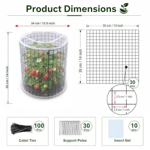 Plant Cages with Insect-Proof Netting, 10 Sets 30Pcs Wire Plant Protectors, 14" H x 13" D Cylinder Mesh Covers with Zip Ties & Ground Stakes, Animal Barrier for Rabbits Chickens Vegetables Flowers - color: 10 Pack With Netting