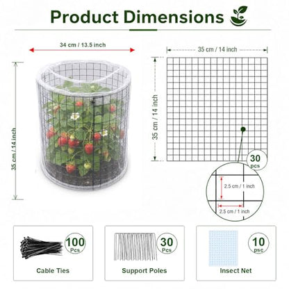 Plant Cages with Insect-Proof Netting, 10 Sets 30Pcs Wire Plant Protectors, 14" H x 13" D Cylinder Mesh Covers with Zip Ties & Ground Stakes, Animal Barrier for Rabbits Chickens Vegetables Flowers - color: 10 Pack With Netting