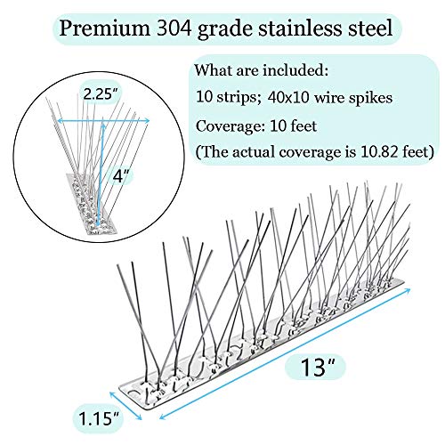 PANGCH Bird Spikes,Stainless Steel Bird Spikes Metal Bird Spikes Fence Spikes Easy to Install - 10 Strips 10.82 Feet Coverage - size: 10.82 Feet