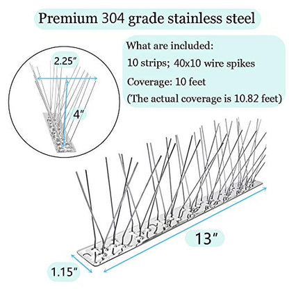 PANGCH Bird Spikes,Stainless Steel Bird Spikes Metal Bird Spikes Fence Spikes Easy to Install - 10 Strips 10.82 Feet Coverage - size: 10.82 Feet