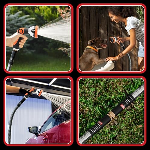 Best 100 ft Metal Garden Hose Set - No-Kink Durable 316 Stainless Steel, 10-Way Zync Spray Nozzle & Hook – Tough Flexible Heavy Duty Water Hoses, 5/8 in, Rust, Weather, LeakProof - size: 100 FT SET