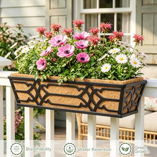 2 Pack 24 Inch Railing Planter Boxes with PET Water Storage Tray & Coco Liner, Window Boxes Planters for Deck Railing, Metal Hanging Flower Box for Outdoor Balcony Fence and Patio Garden - size: 24 Inch