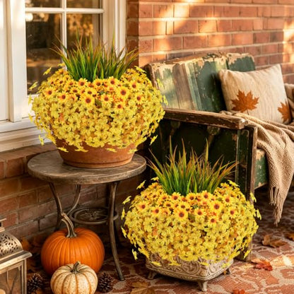 18PCS Artificial Fall Flowers Outdoors, UV Resistant Fake Mums with Grass - color: Yellow Daisies & Violets & Grass