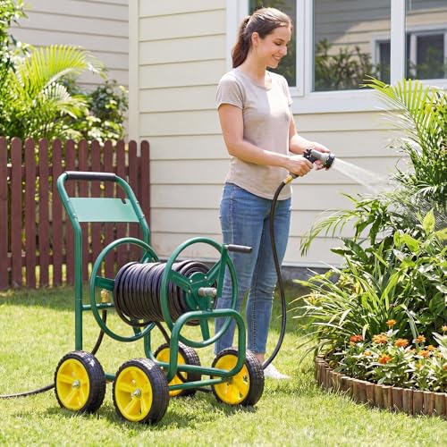 Garden Hose Reel Cart, Mobile Water Hose Cart with Heavy-duty Metal Frame & 4 Solid Wheels, Hold up to 330 ft of 5/8" Hoses, Outdoor Planting Tool for Lawn & Backyard (Green) - color: Green