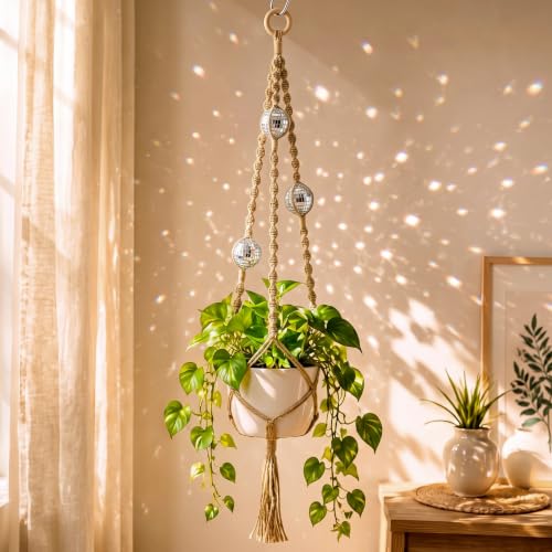 Shappy Macrame Disco Ball Plant Hanger, Boho Hanging Planter Home Decor - color: Jute Color, size: Style F
