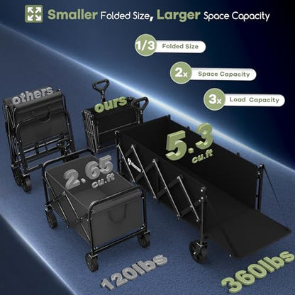 HIKEMOON 43'' Extra Long Folding Wagon with Extended Tailgate, Black - color: Black