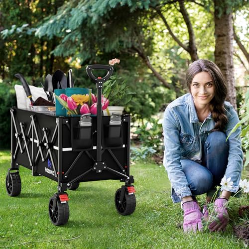 ROSONG Collapsible Wagon Cart with Wheels Foldable - Folding Utility Heavy Duty Wagons Carts for Grocery Sports Garden Shopping Camping Wheelbarrows (Black, 150L) - color: Black, size: 150L