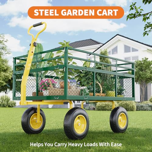 3-in-1 Heavy-Duty Steel Garden Cart, 1400 Lbs Garden Wagon, with 13 Inch All-Terrain Tires and Removable Mesh Side Panels, 180° Rotating Handle, Metal Multi-Function Carts, Outdoor Gardens Wagon Cart - color: Green + Yellow, size: 1400 Lb