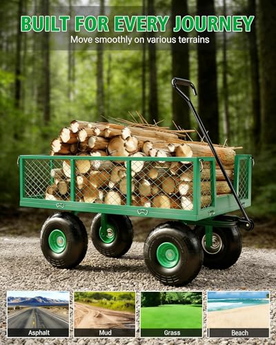 Heavy Duty Steel Garden Cart - 500 LBS Capacity Utility Wagon, Removable Sides, 10" Wheels, Flexible Handle for Yard, Lawn, Outdoor Gardening, 3-in-1 Design - Green, 500 Pounds | Pantone 355C - color: Green, size: 500 LBS