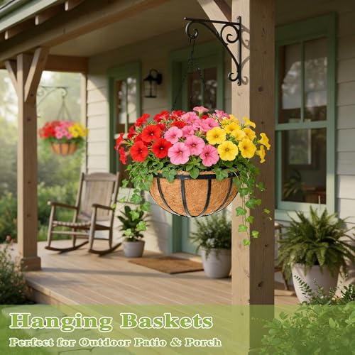14 Inch Black Flat Iron Metal Hanging Planter Basket with Coco Coir Liner(4 Pack) Hanging Planters for Outdoor Plants Hanging Baskets for Plants Flower Pots for Deck Patio Porch Garden Balcony - size: 14 Inch