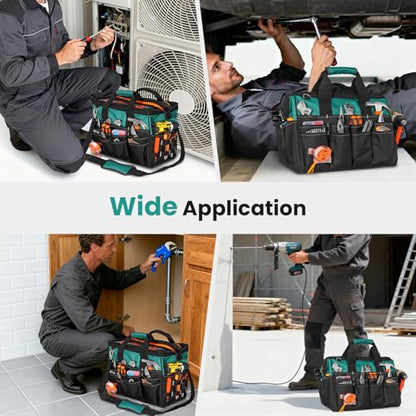 FamilyKit 17-Inch Heavy Duty Tool Bag for Men with 28 Multipurpose Pockets - color: Black-Green Tool Bag