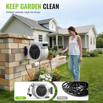 Retractable Garden Hose Reel, 1/2in 100ft Hose Reel with 10 Patterns Nozzle - color: Black