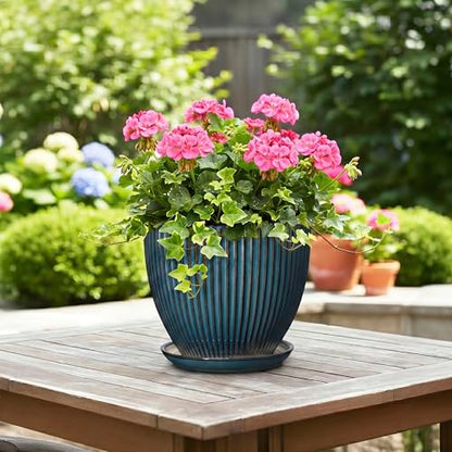 Ceramic Plant Pots, 8 Inch Planters with Saucer, Retro Blue - color: Retro Blue, size: 8 Inch