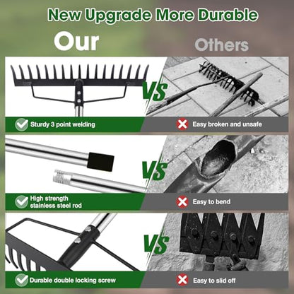 Heavy Duty Bow Rake for Lawns, 17 Tine Metal Rake Level Soil 5.58FT