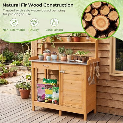 S AFSTAR Outdoor Potting Bench Table, Wooden Garden Work Station with Drawer, Storage Cabinet, Open Shelf, Side Hooks, Metal Tabletop Gardening Workbench, Potting Benches for Outside Backyard Balcony