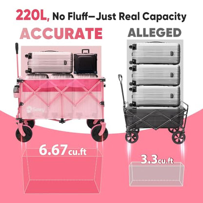 Sekey 220L Beach Wagon, 330 lb Capacity, Foldable, 8 in Wide Wheels - color: Pink