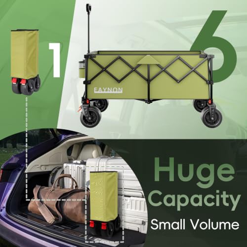 46" L Collapsible Foldable Extended Wagon, 500LB Weight Capacity with 280L Heavy Duty Folding Cart,Utility Wagon with All-Terrain Beach Wheel & Drink Holders,Green - color: Green