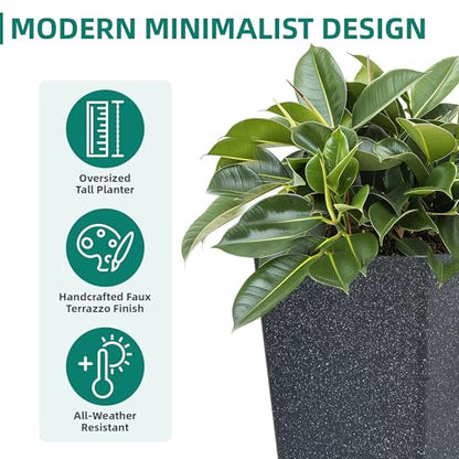 Autodaya 28" Plant Pots Tall Planters for Plants Outdoor Set of 2 with Tray - color: Tall Terrazzo Black-28"