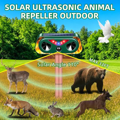 Upgraded Solar Animal Repellent Ultrasonic Outdoor Cat Deterrent Deer Repellent Devices,Waterproof Dog Repeller with Motion Sensor,Flashing Lights,Scare Squirrels Rabbits Raccoons Skunks Garden,2 Pack