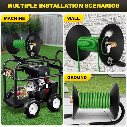 High Pressure Washer Hose Reel 100ft 3/8" NPT, 4000 PSI Heavy Duty Steel Power Washer Hose Reel with Swivel Arm, Mounting Bracket & M22 14mm Fitting, Wall/Machine/Van/Trailer Mount Compatible