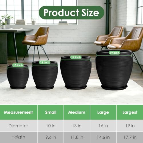 19/16/13/10 Inch Extra Large Planters for Indoor Outdoor Plants & Drainage - color: Black, size: 19+16+13+10 inch