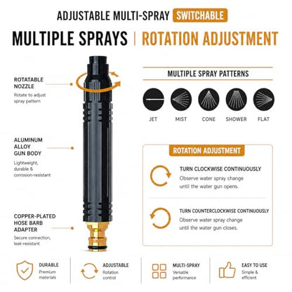 High Pressure Water Spray Gun for Garden Hose - 3 Adjustable Spray Modes Metal Nozzle for Car Wash, Patio, Floor & Plant Watering (1 Pack)