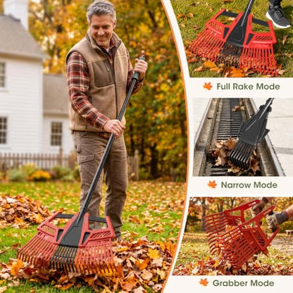 3-in-1 Leaf Rake for Lawns, 44"-72" Adjustable Handle
