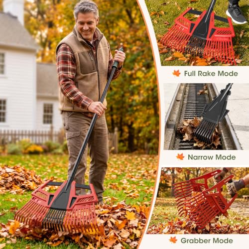 3-in-1 Leaf Rake for Lawns, 44"-72" Adjustable Handle