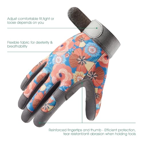 COOLJOB Padded Thorn Proof Gardening Work Gloves for Women & Ladies, S-L - color: Orange Flowers, size: Small