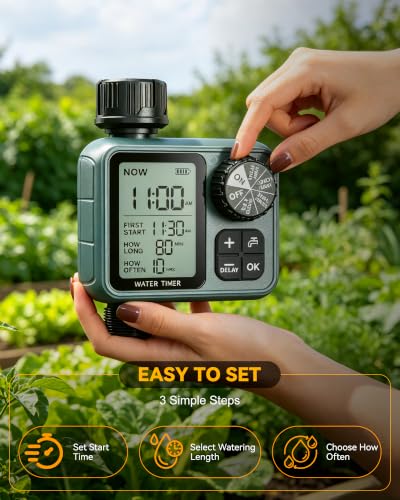 Programmable Water Timer for Garden Hose, Outdoor Sprinkler Timer with Rain Delay & Manual Mode,Inlaid Brass Connector Irrigation Controller for Lawn Yard Landscape, 1 Outlet Large LCD Display