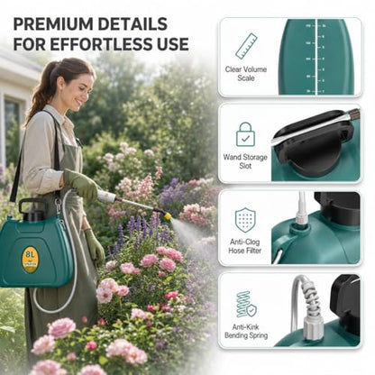 2 Gallon Battery Powered Sprayer, Electric Pump for Weed Killing & Fertilizing, 5 Nozzles, 2500mAh Rechargeable Garden Sprayer with Retractable Wand, Waterproof Handle for Lawn Care