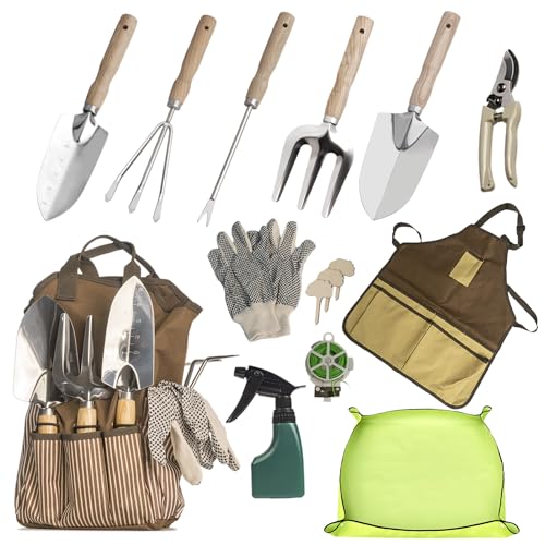 13-Piece Garden Tools Set with Tote Bag & Apron, Repotting Mat - Stainless Steel Heavy Duty Planting Kit, Ergonomic Non-Slip Handles - Gardening Gift for Women, Mom, Home Gardeners