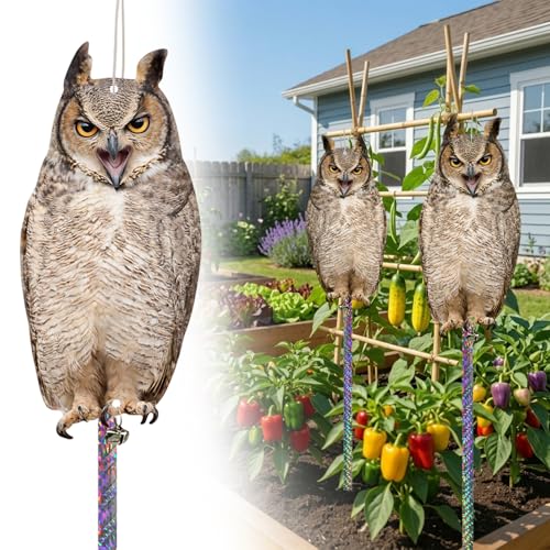5 Pcs Hanging Fake Owl to Keep Animals Away, Flat Plastic Fake Owl to Scare Pigeon Woodpecker Away, Outdoor Weatherproof Animal Scare Decor for Windows Outdoor Patio Contryard Garden Backyard Porch - color: 5pcs-brown
