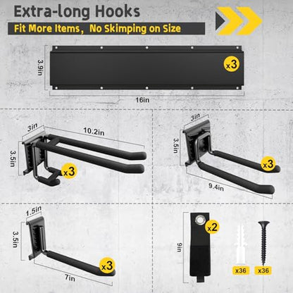 48" Garage Tool Organizer Wall Mount, 660lbs Heavy Duty Steel Garden Tool Storage Rack with 9 Adjustable Hooks for Yard, Shed, Garage (3 Racks, 9 Hooks, 2 Straps) - size: 48inch
