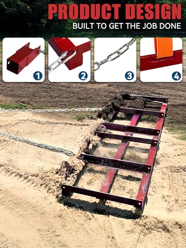 4ft Heavy Duty Drag Harrow for ATV, UTV, Tractor - Adjustable Tow Behind Leveling Rake with Weight Tray for Driveway Grader, Lawn, Field, Pasture, Food Plot Maintenance, Red(48 inch) - size: 4 ft