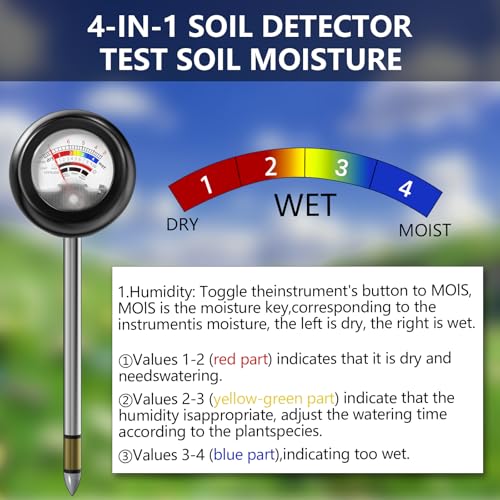 Vitamicor 4-in-1 Soil Tester, Battery Free Plant Moisture Meter with PH/Moisture/Light Test/Fertilizer, Soil PH Meter for Garden, Lawn, Potted Plants, Farm (90° Rotation)