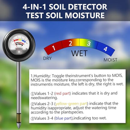 Vitamicor 4-in-1 Soil Tester, Battery Free Plant Moisture Meter with PH/Moisture/Light Test/Fertilizer, Soil PH Meter for Garden, Lawn, Potted Plants, Farm (90° Rotation)