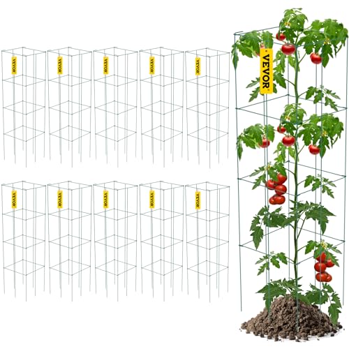 VEVOR Tomato Cages, 11.8" x 11.8" x 46.1", 10 Packs Square Plant Support Cages, Green PVC-Coated Steel Tomato Towers for Climbing Vegetables, Plants, Flowers, Fruits - color: Green, size: 11.8x46.1 inch-10 Packs