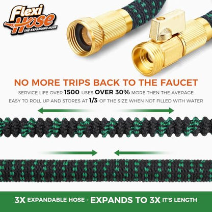 Flexi Hose with 8 Function Nozzle, 25FT - Lightweight Expandable Garden Hose, No-Kink Flexibility, 3/4 Inch Solid Brass Fittings and Double Latex Core - Black and Green - size: 25ft