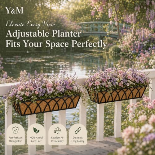 Y&M 4pcs 24 Inch Planter, Metal Window Boxes with Coco Liner, Indoor Outdoor Hanging Flower Planter for Garden, Lawn, Balcony, Porch, Fence, Patio Rail - size: X - 24in 4P