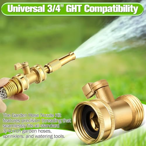 Heavy Duty Brass Hose Nozzle Kit with Shut Off Valve, 4" Adjustable Twist Garden Hose Nozzle, High Pressure Jet Sprayer, 3/4" GHT Connector, Includes 10 Rubber Washers(Adjustable,4 in)