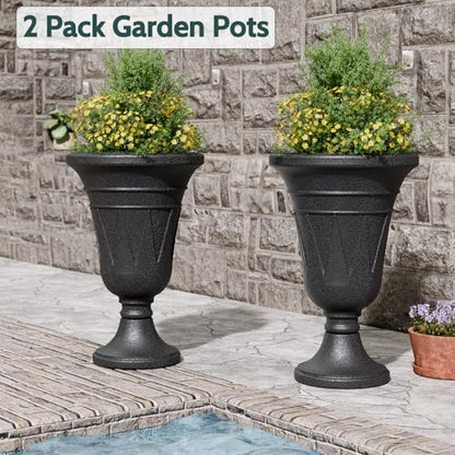 Tall Plastic Urn Planters and Pedestal - 24" Outdoor Planter Black - color: Black-trophy