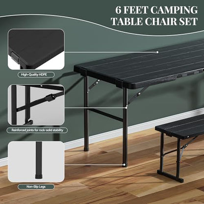 6FT Folding Table & Chair Set, Seats 6-8, Portable Black - color: Black