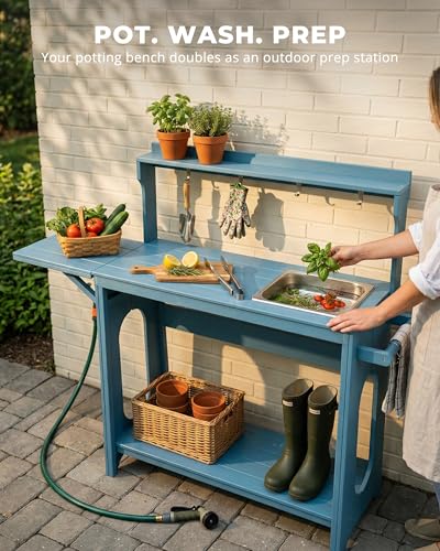 Outdoor Potting Bench Table with Removable Sink for Outside, Blue - color: Blue