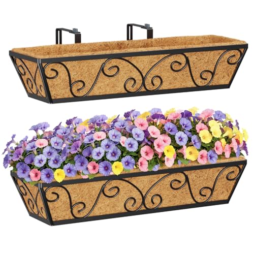 HFHOME 24 Inch Railing Planter Box with Coco Liners for Porch, Fence, Patio, Balcony Hanging Flower Railing Baskets with Adjustable Brackets for Outdoor Garden - 2 Packs - size: 24"-2P Butterfly