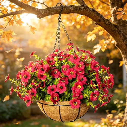 Artificial Hanging Flowers, UV Resistant, 12 Bundles, Rose Red - color: Rose Red