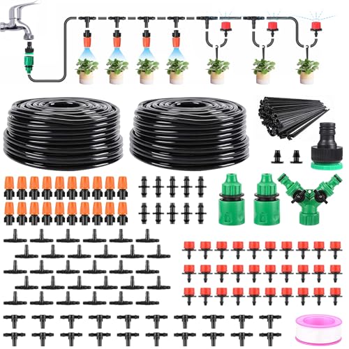 LasTool 98FT Drip Irrigation Kit,Automatic Garden Watering System with 1/4" Tubing,Adjustable Mist Sprayer Nozzles & Drip Emitters for Raised Bed,Patio,Lawn, Greenhouse-Easy DIY Installation - size: 98ft/30m