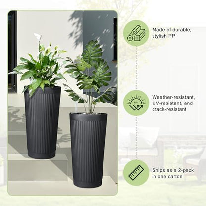 Self Watering Tall Planters Set of 2, Black Round - color: Round Stripe Black